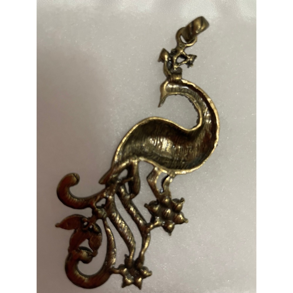 Bronze Peacock Pendant Blue Red Green Rhinestone Statement Bird Charm#755 - Picture 2 of 5